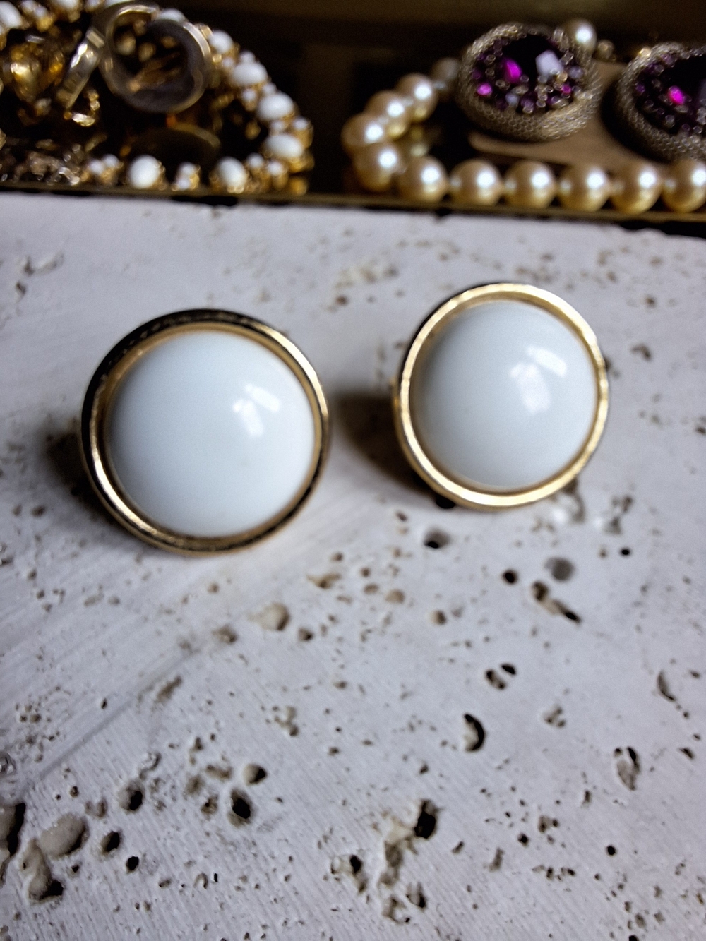 Trifari Vintage Classic Gold-Trim White Dome Stud Earrings
